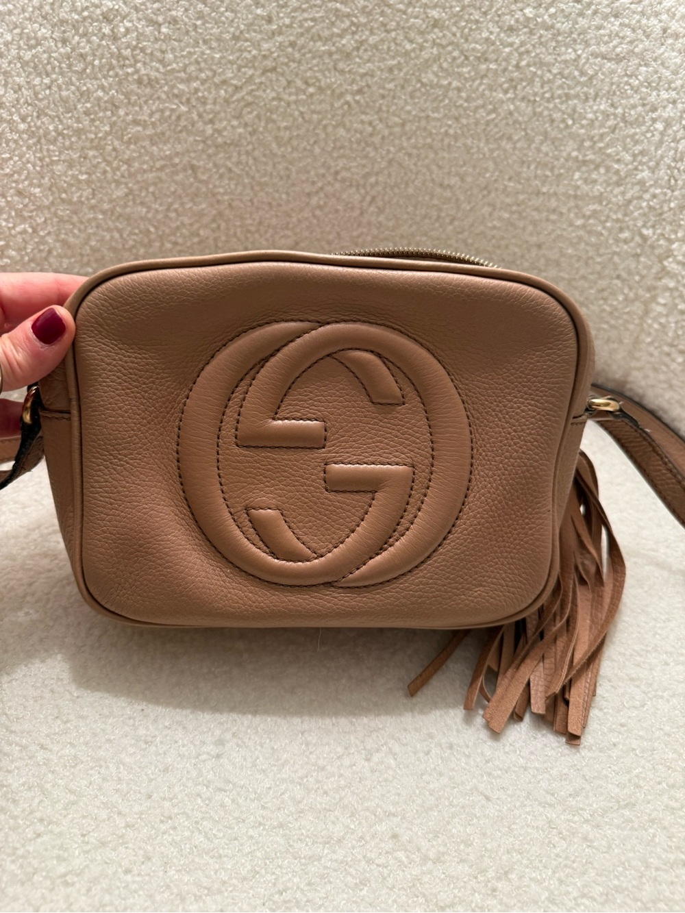 Gucci Soft Pebbled Leather Crossbody in Beige with Tassel